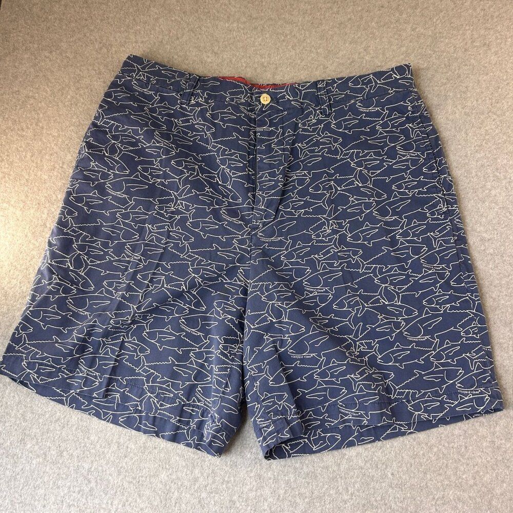 Vineyard Vines Men's Navy Blue Fish Print Cotton Shorts Size 34 x 7 Casual Chino